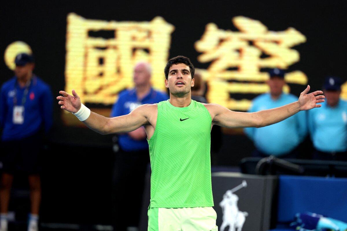 Spain's Carlos Alcaraz celebrates victory over Germany's Alexander Zverev after their men's singles semi-final match on day thirteen of the Australian Open tennis tournament in Melbourne, Australia, on Jan. 30, 2026. (Martin Keep/AFP via Getty Images)