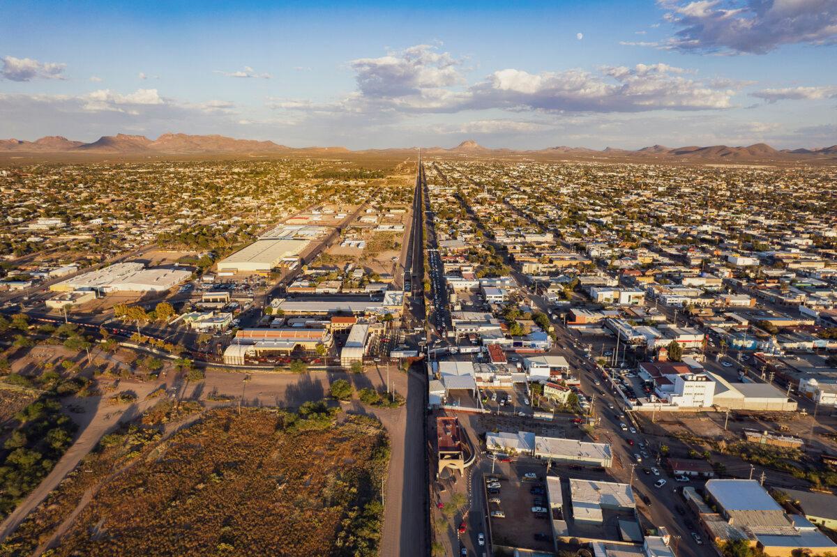 An aerial view shows the U.S. port of entry (R) on the U.S.–Mexico border in Douglas, Ariz., on Oct. 14, 2024. (Olivier Touron/AFP via Getty Images)