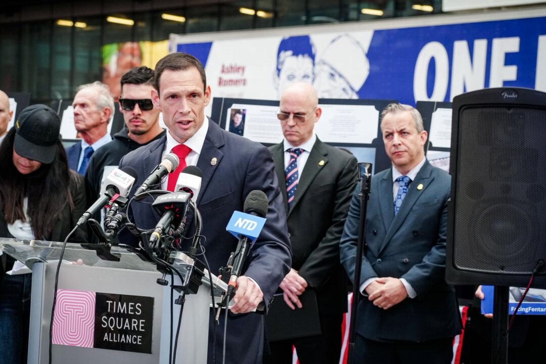 Frank Tarentino, special agent in charge of the Drug Enforcement Administration’s New York Division, speaks at the fourth annual National Fentanyl Prevention and Awareness Day in New York City on Aug. 21, 2025. Tarentino said carfentanil is more profitable for Mexican cartels than fentanyl because its greater potency allows smaller amounts to get users hooked. (Samira Bouaou/The Epoch Times)