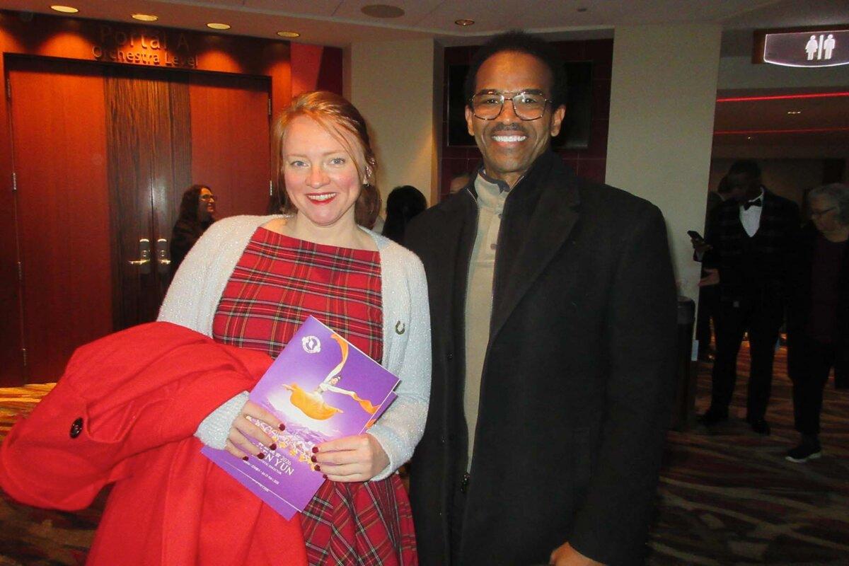 Viktoria Dimitriva (Left) and Dennis Solari attend Shen Yun at the Cobb Energy Performing Arts Centre in Atlanta on Feb. 1, 2026. (Roland Ree/The Epoch Times)