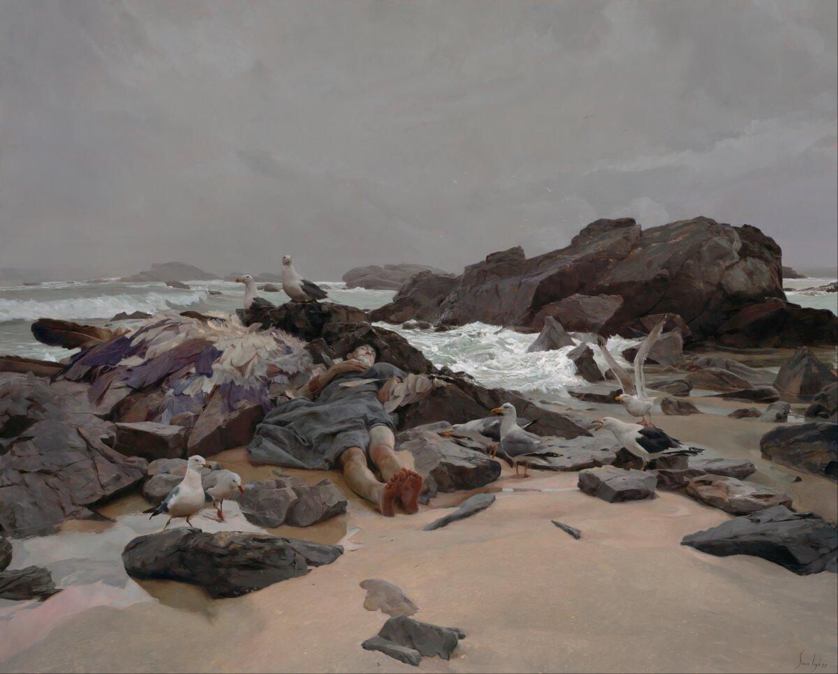 “Icarus Fallen,” 2022, by Sean Layh. Oil on board; 59 3/4 inches by 44 3/4 inches. Recipient of the First Place Figurative Award, Best Marine Themed Work, and Third Place Imaginative Realism Award at the 18th International ARC Salon. (Courtesy of 18th International ARC Salon)