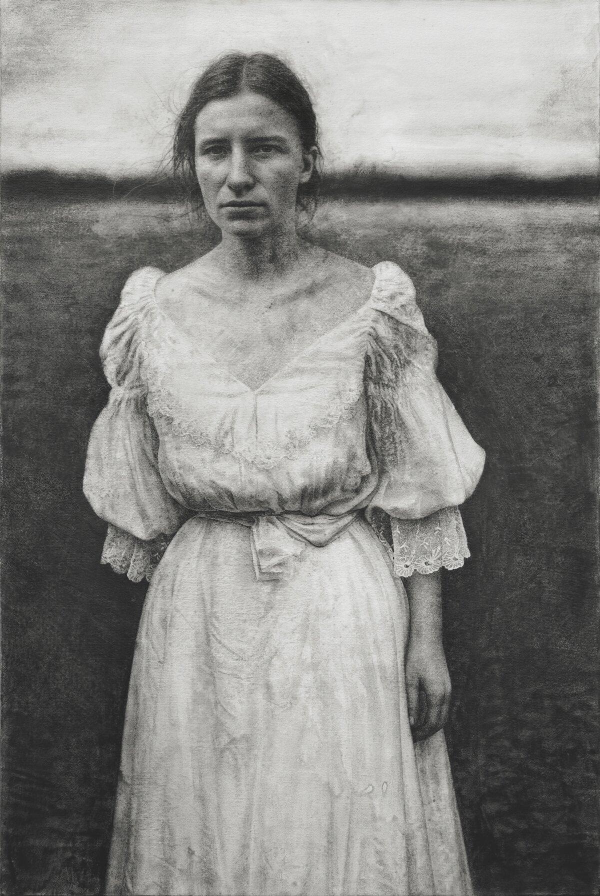 “La Manca,” 2025, by Marcos Rey. Ink, graphite and charcoal on canvas; 39 1/4 inches by 26 1/2 inches. Recipient of the First Place Drawing Award, Second Place Portraiture Award, and ARC Purchase Award at the 18th International ARC Salon. (Courtesy of 18th International ARC Salon)