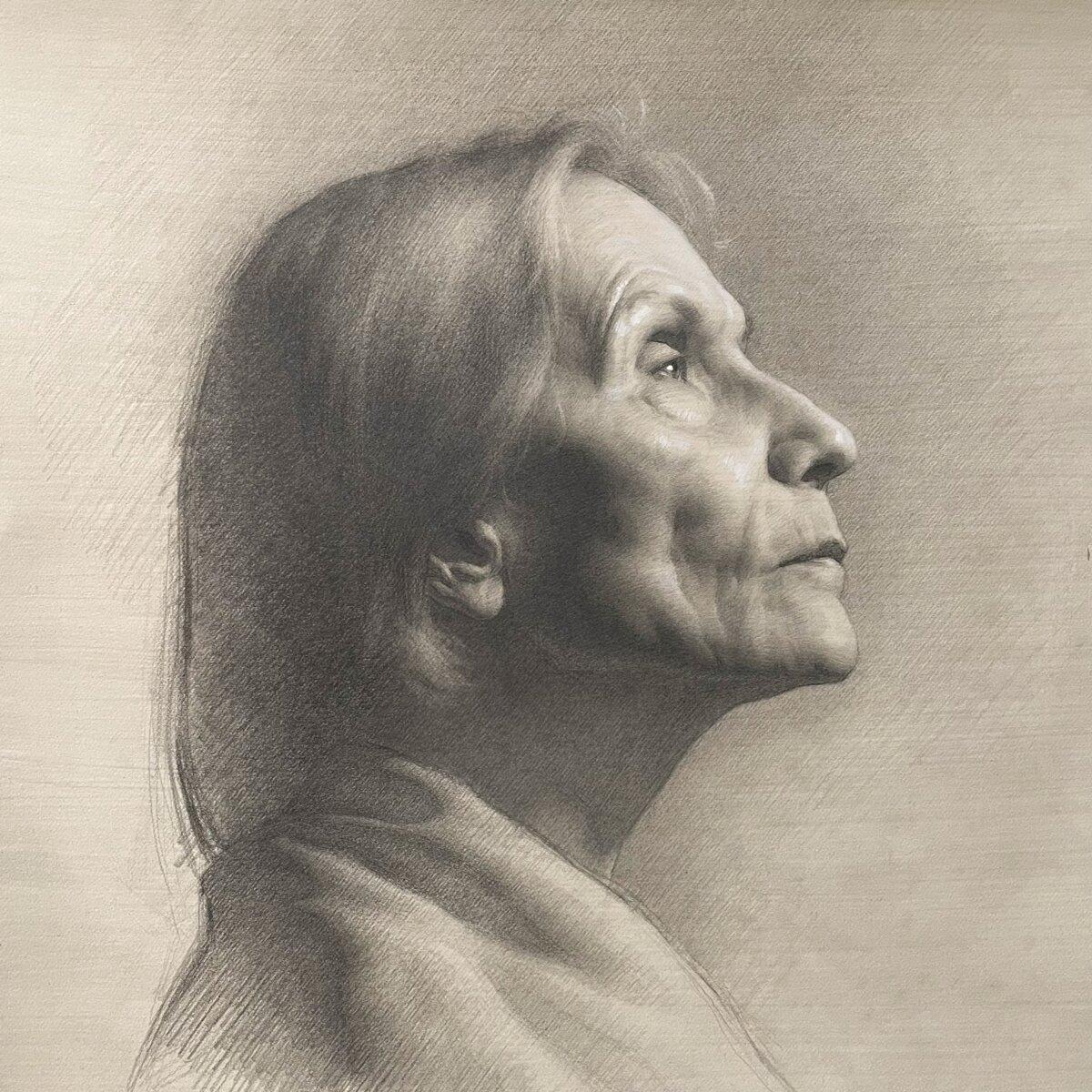 “Anna Nina,” 2025, by Scott Garder. Graphite, gouache and white chalk on toned paper; 15 inches by 15 inches. Recipient of the First Place Fully from Life Award at the 18th International ARC Salon. (Courtesy of 18th International ARC Salon)