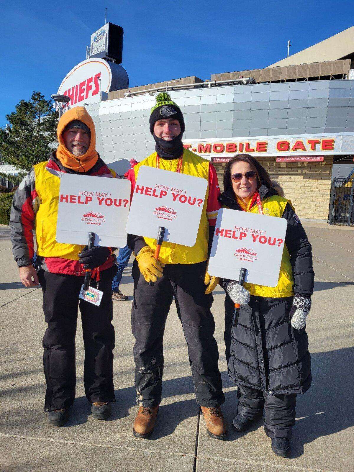 Helpers at Arrowhead Stadium welcome fans to a Chiefs game in Kansas City, Missouri. (Tony Winders)