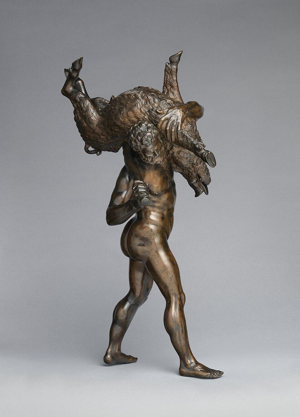 《赫拉克勒斯與厄律曼托斯野豬》(Hercules and the Erymanthian Boar),17世紀中期,由法國雕塑家賈姆博洛尼亞(Giambologna)所作。收藏於大都會藝術博物館(Metropolitan Museum of Art)。(公有領域)