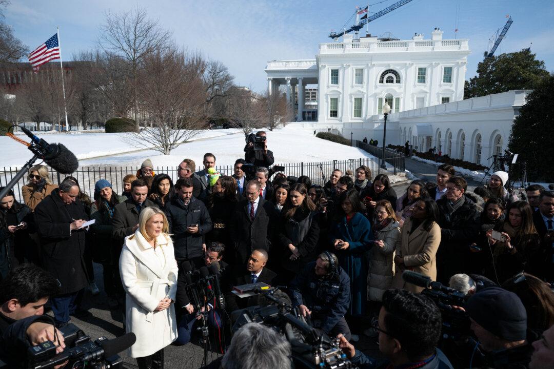 TOPSHOT - White House Press Secretary Karoline Leavitt speaks with the media outside West Wing of the White House in Washington, DC, February 3, 2026. Colombian President Gustavo Petro and US President Donald Trump held their first face-to-face talks at the White House on Tuesday, aiming to ease months of tensions over Venezuela and drugs. (Photo by SAUL LOEB / AFP via Getty Images)