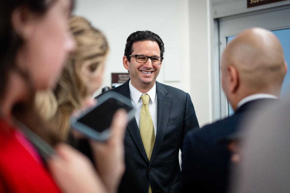Sen. Brian Schatz (D-Hawaii) speaks to reporters on Capitol Hill in Washington on Feb. 3, 2026. (Madalina Kilroy/The Epoch Times)