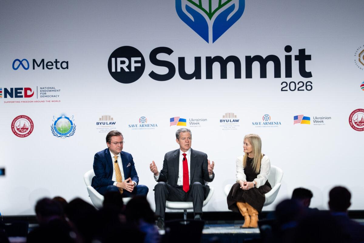 (L-R) Jan Jekielek, The Epoch Times senior editor and host of American Thought Leaders, Sam Brownback, former U.S. ambassador-at-large of International Religious Freedom, and Katrina Lantos Swett, Victims of Communism Foundation trustee and Lantos Foundation for Human Rights and Justice president, speak during the International Religious Freedom Summit in Washington on Feb. 2, 2026. (Madalina Kilroy/The Epoch Times)