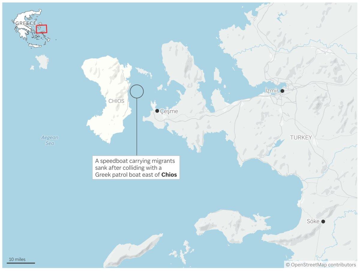 A map showing the approximate location where a migrant boat sank after colliding with a patrol boat. (AP Digital)