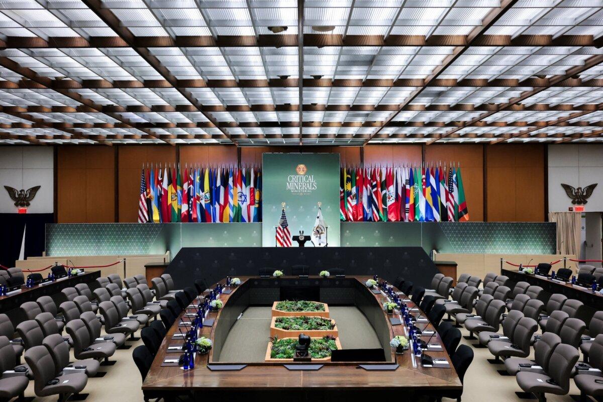 Empty seats ahead of the Critical Minerals ministerial meeting at the State Department in Washington, on Feb. 4, 2026. (Jonathan Ernst/Reuters)