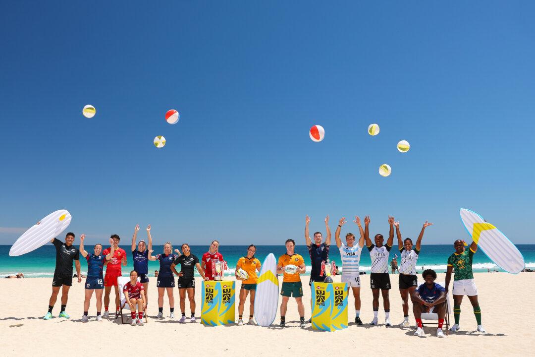 PERTH, AUSTRALIA - FEBRUARY 04: Team captains pose during the SVNS Perth Captain's Call at Scarborough Amphitheatre on February 04, 2026 in Perth, Australia. (Photo by Paul Kane/Getty Images for Rugby Australia)