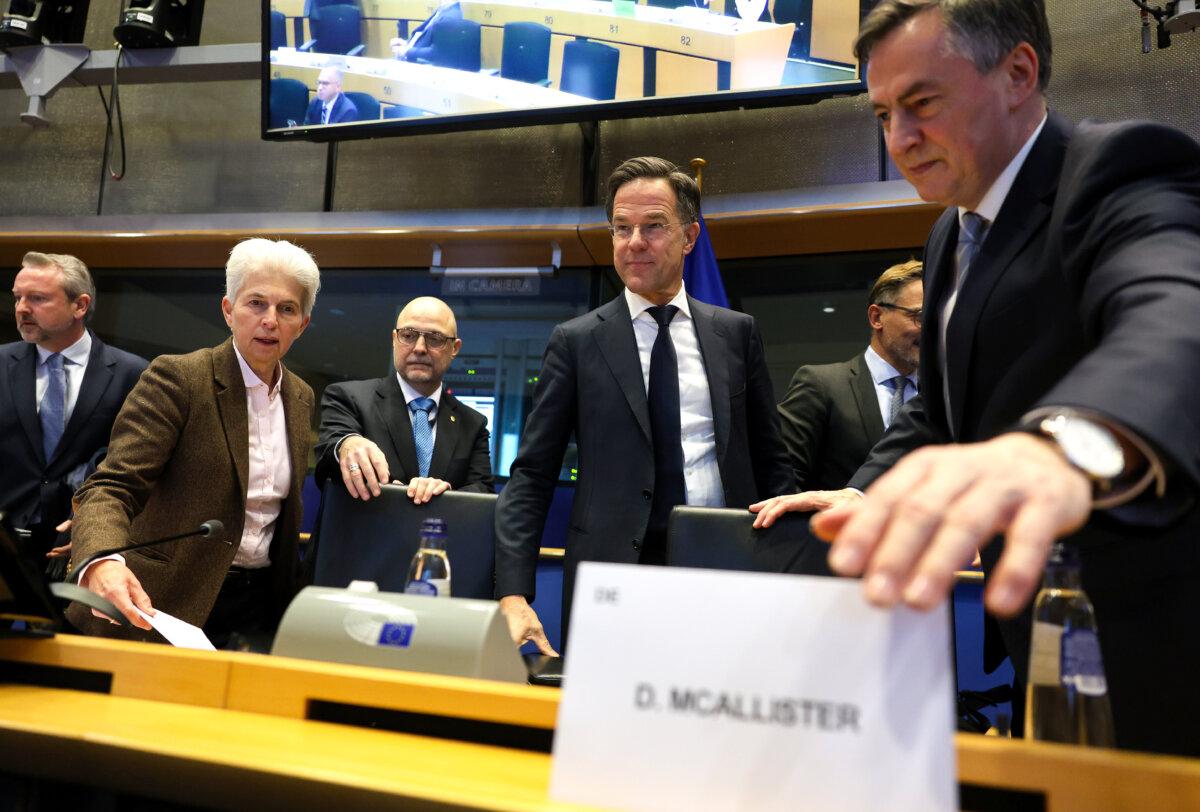 Marie-Agnes Strack-Zimmermann, NATO Secretary General Mark Rutte and Chair of the Committee on Foreign Affairs of the European Parliament David McAllister arrive to address committees of the European Union Parliament about Greenland negotiations in Brussels, on Jan. 26, 2026. (Omar Havana/Getty Images)