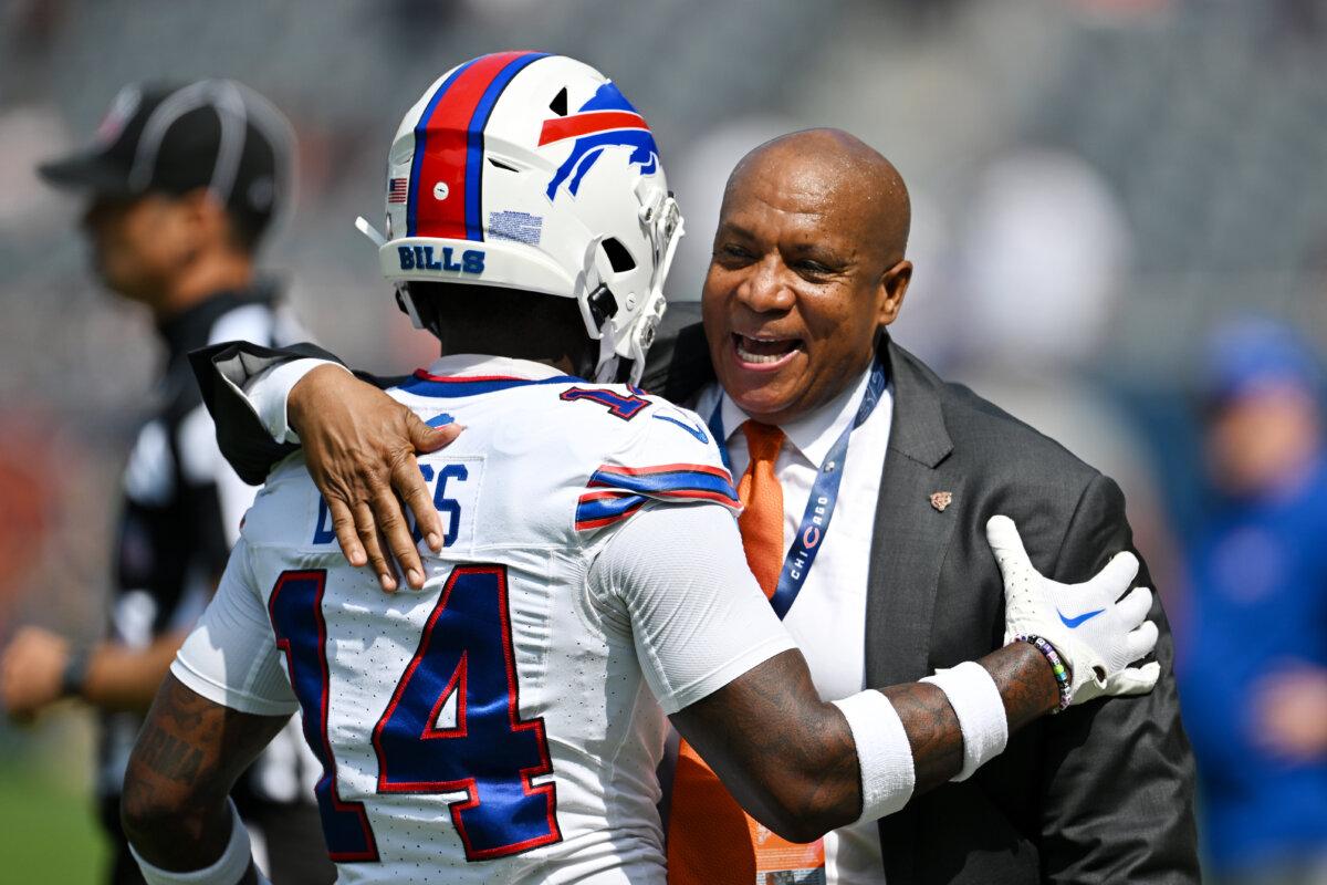 President and CEO Kevin Warren and Stefon Diggs #14 of the Buffalo Bills embrace before preseason at Soldier Field in Chicago, Ill., on Aug. 26, 2023. (Quinn Harris/Getty Images)