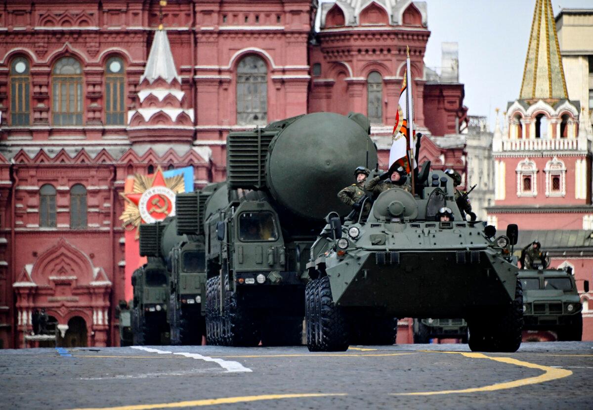 Russian military vehicles, including Yars intercontinental ballistic missile launchers, roll on Red Square during the Victory Day military parade in central Moscow on May 9, 2024. (Alexander Nemenov/AFP via Getty Images)