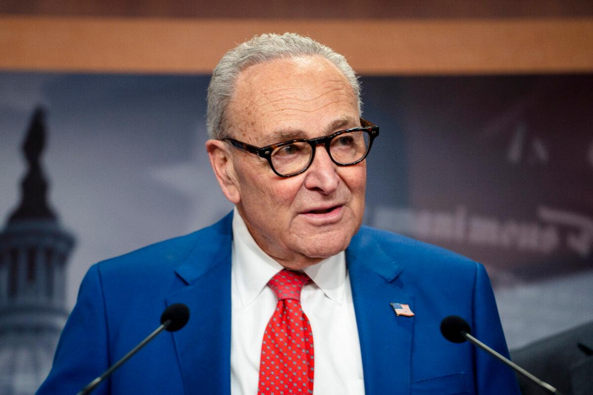 Senate Minority Leader Chuck Schumer (D-N.Y.) speaks at a press conference on Capitol Hill in Washington on Jan. 14, 2025. (Madalina Kilroy/The Epoch Times)