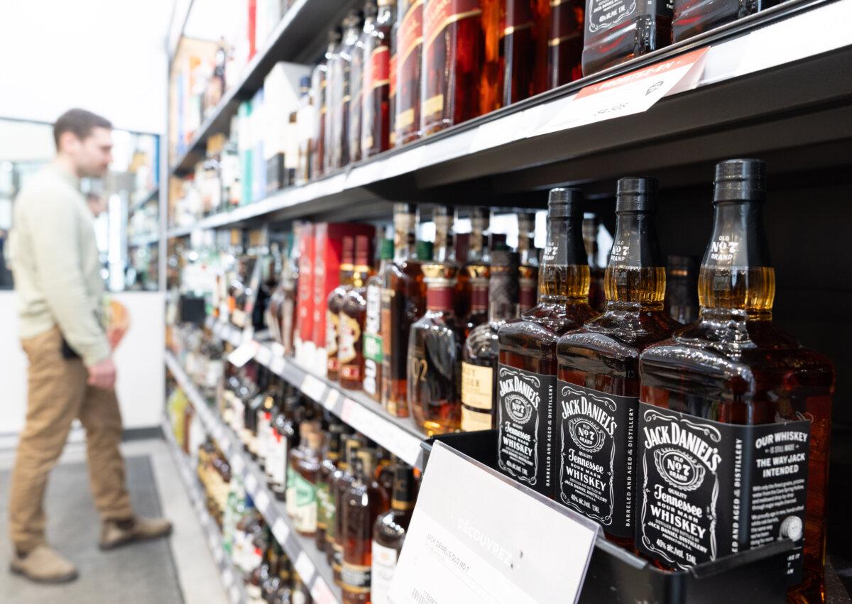 American whiskey is seen on the shelves of a SAQ liquor store in Montreal on March 4, 2025. (The Canadian Press/Christinne Muschi)