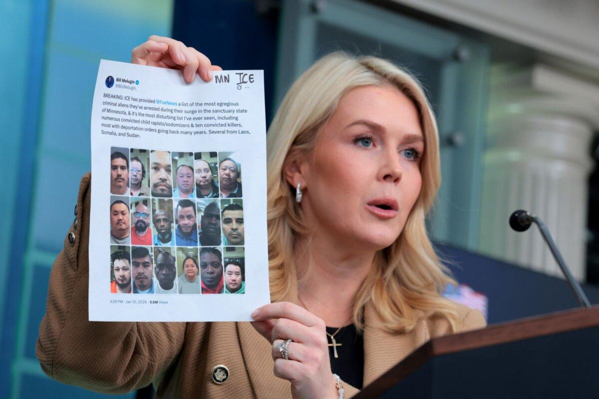 White House press secretary Karoline Leavitt displays a printed social media post by FOX News correspondent Bill Melugin of what they say are illegal immigrant criminals targeted by ICE in Minnesota during a news briefing at the White House on Jan. 15, 2026. (Anna Moneymaker/Getty Images)