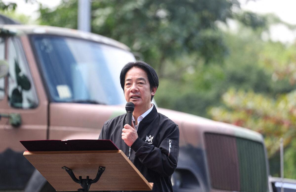 Taiwan President Lai Ching-te gives a speech after inspecting the reservists at Loung Te Industrial Parks Service Center, in Yilan County on Dec. 2, 2025. (I-Hwa Cheng / AFP via Getty Images)