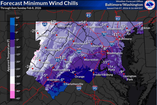The National Weather Service warned of strong winds and freezing temperatures through Feb. 8, 2026. (The National Weather Service)