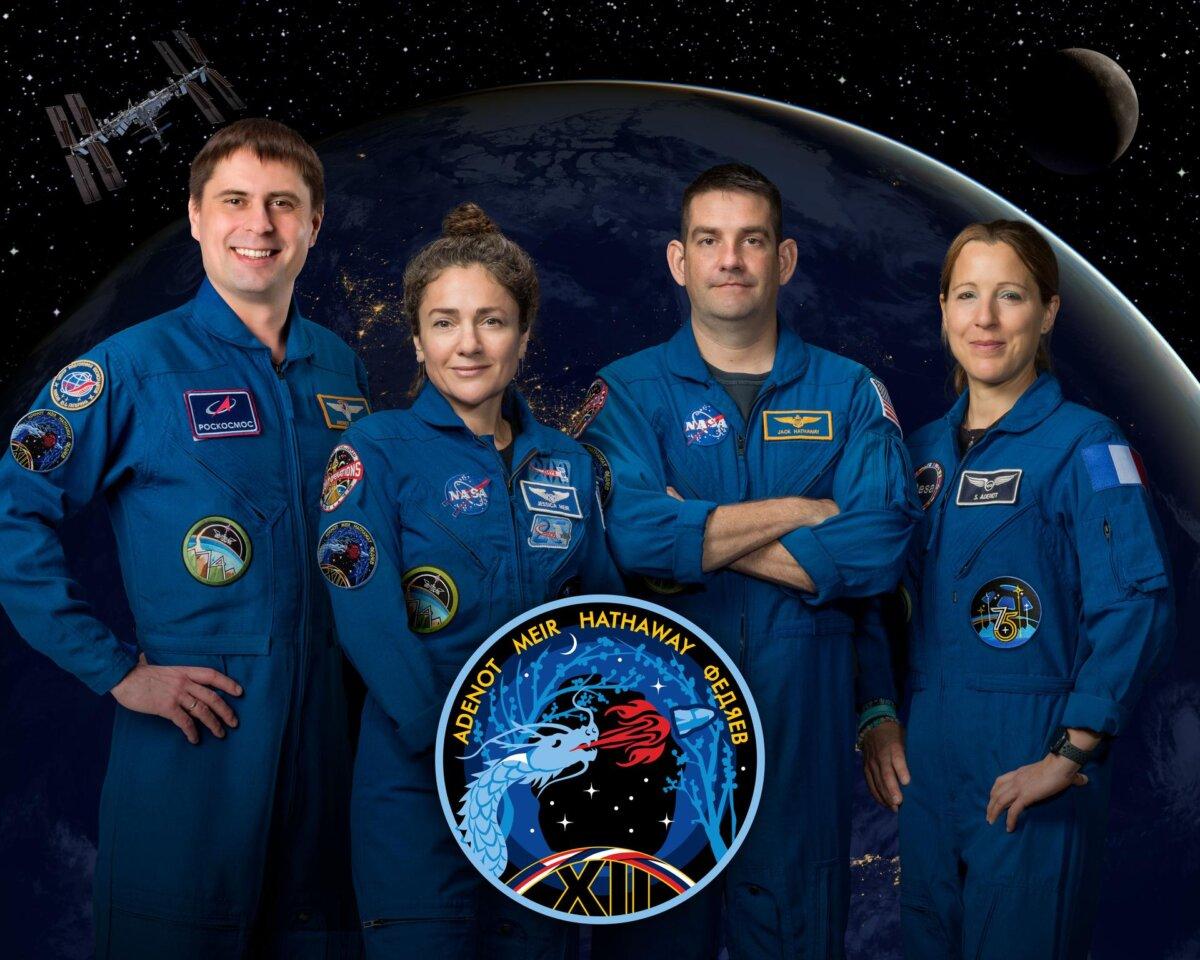 The four members of NASA's SpaceX Crew-12 mission to the International Space Station pose together for an official crew portrait: Roscosmos cosmonaut and mission specialist Andrey Fedyaev (L), NASA astronauts Jessica Meir (2nd L) and Jack Hathaway (2nd R), commander and pilot respectively, and European Space Agency astronaut and mission specialist Sophie Adenot (R). (Courtesy of NASA)