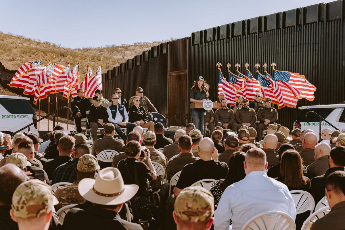 Homeland Security Secretary Kristi Noem speaks during a press conference near the border wall between the United States and Mexico in Nogales, Ariz., on Feb. 4, 2026. (Olivier Touron/AFP via Getty Images)