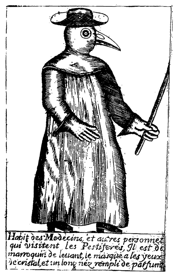 Image of a plague doctor wearing a mask with a long beak they would fill with strong-smelling herbs, flowers, and spices like cinnamon. (Public Domain)