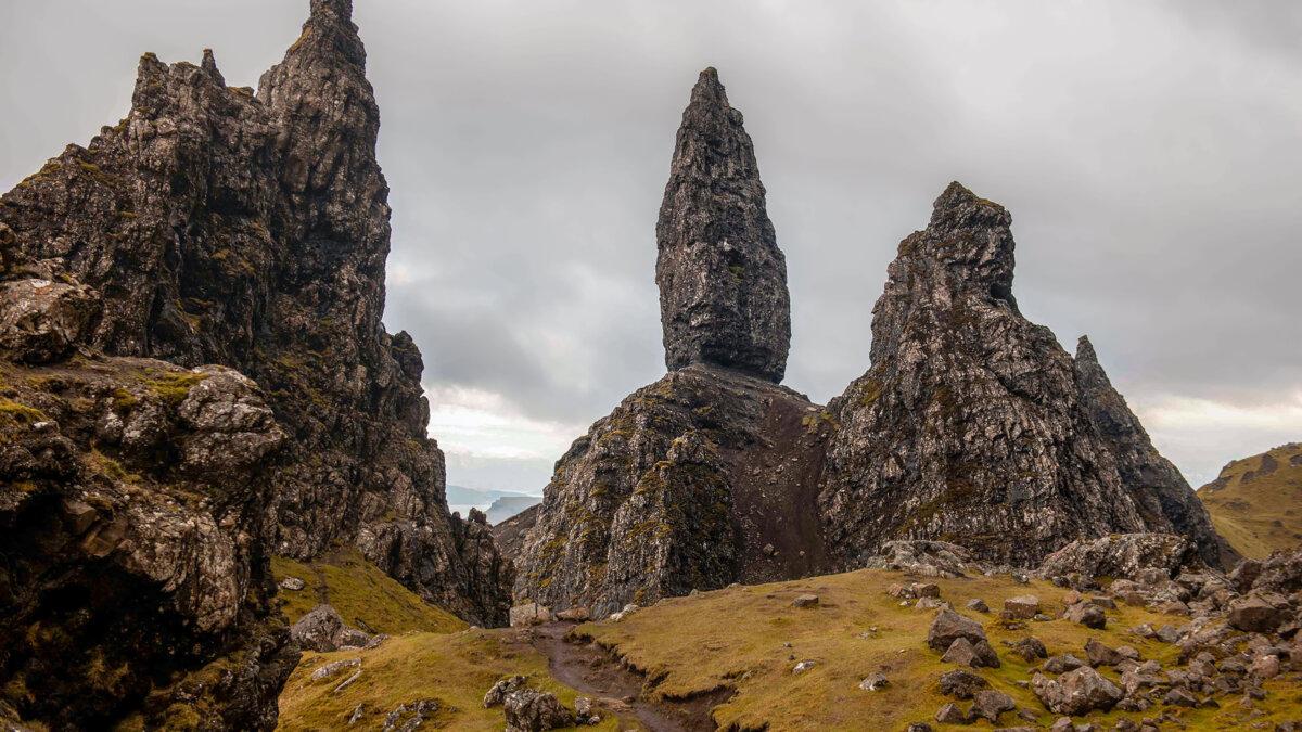 The rugged formation of Old Man of Storr is associated with the Scottish legend of a giant swallowed by the earth with only his thumb left showing. (Rabbies/TNS)