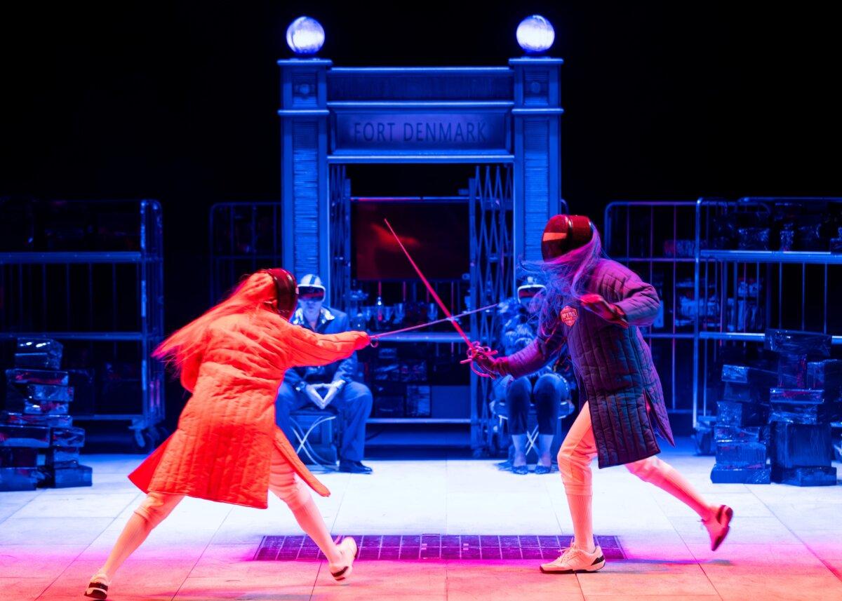 Jaylon Muchison as Hamlet and Joseph Aaron Johnson as Laertes face off during the fatal fencing match in Chicago Shakespeare Theater's "Shakespeare Short! Hamlet!" (Justin Barbin)