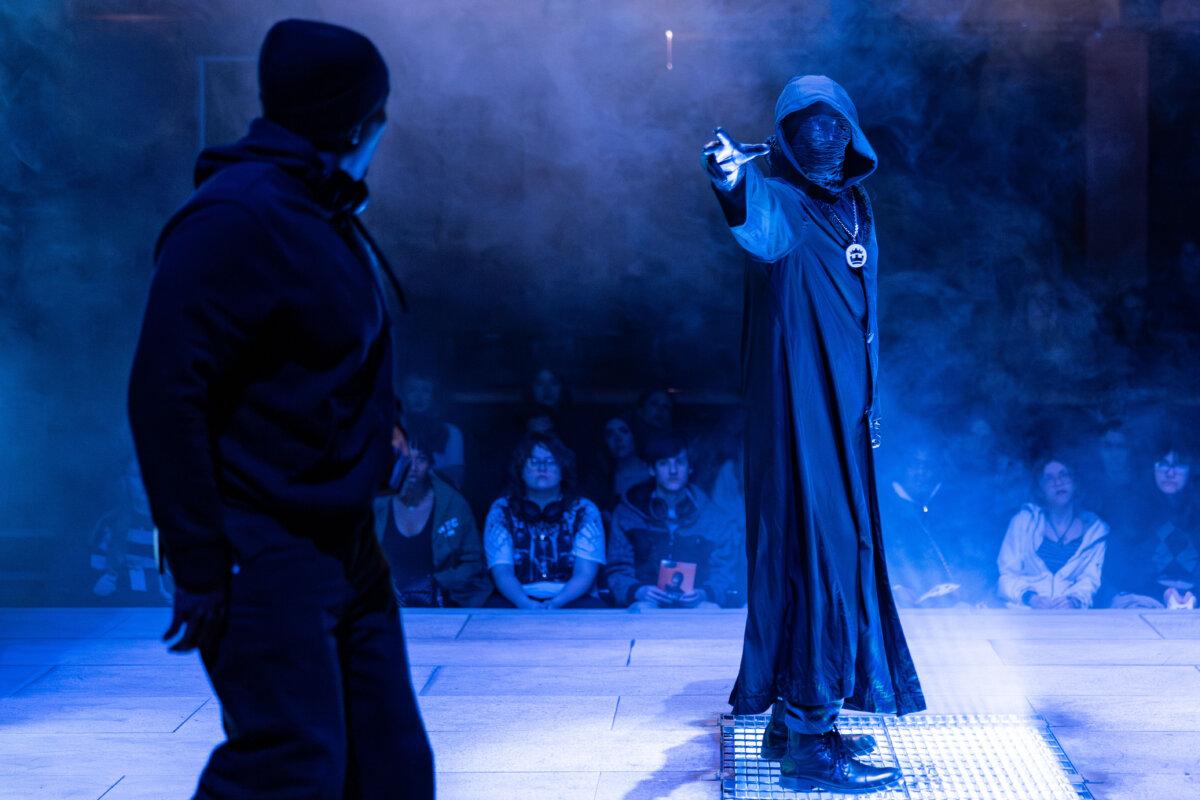 Jaylon Muchison as Hamlet seeing his father's ghost in Chicago Shakespeare Theater's production of "Shakespeare Short! Hamlet!" (Justin Barbin)