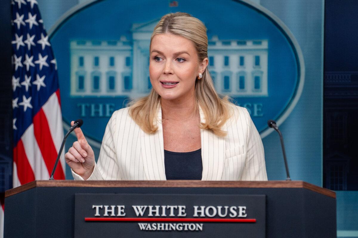 White House press secretary Karoline Leavitt speaks during a press briefing at the White House on Feb. 10, 2026. (Madalina Kilroy/The Epoch Times)