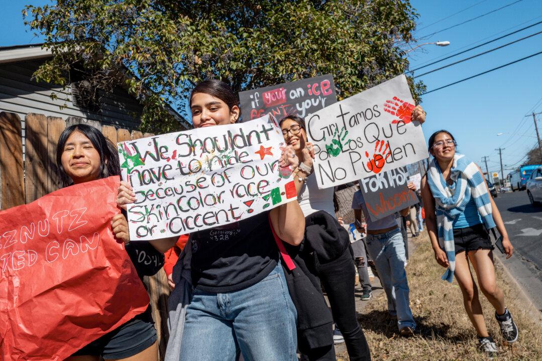 High school students rally during a walkout in protest against ICE in Austin, Texas, on Feb. 6, 2026. The wave of anti-ICE protests began with adults and spread to schoolchildren after two confrontations with federal immigration agents turned deadly in Minnesota in January. (Brandon Bell/Getty Images)