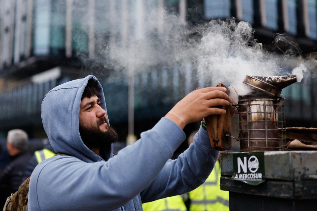 A beekeeper uses a smoker to blow smoke as Spanish farmers gather with tractors to protest against EU-Mercosur trade deal and the economic pressures facing the agricultural sector, on Colon square in Madrid on February 11, 2026. Spain on January 9 celebrated the approval by EU nations of a vast trade deal with South American bloc Mercosur, championed by business groups but loathed by many European farmers. (Photo by Oscar DEL POZO / AFP via Getty Images)