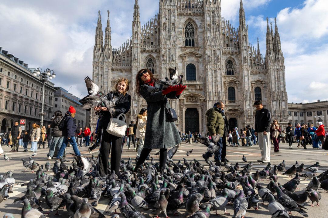 MILAN, ITALY - FEBRUARY 11: Tourist pose for a photo with pigeons at Duomo, Milan Cathedral on February 11, 2026 in Milan, Italy. During Winter Olympics Milano is hosting all ice sports, including figure skating, short track speed skating, skating and ice hockey matches events between February 6 and 22, 2026. (Photo by Maja Hitij/Getty Images)
