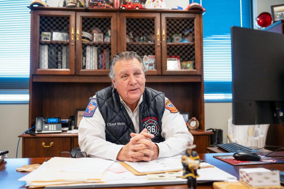 (Left) Manuel Mello, fire chief of Eagle Pass Fire Department in Eagle Pass, Texas, on Jan. 29, 2026. Mello said his department received as many as six calls a day for drownings along the Rio Grande in 2022; however, the number dropped to about six for the entire year in 2025. (Right) The main fire station in Eagle Pass, Texas, on Feb. 29, 2024. (Samira Bouaou, Charlotte Cuthbertson/The Epoch Times)
