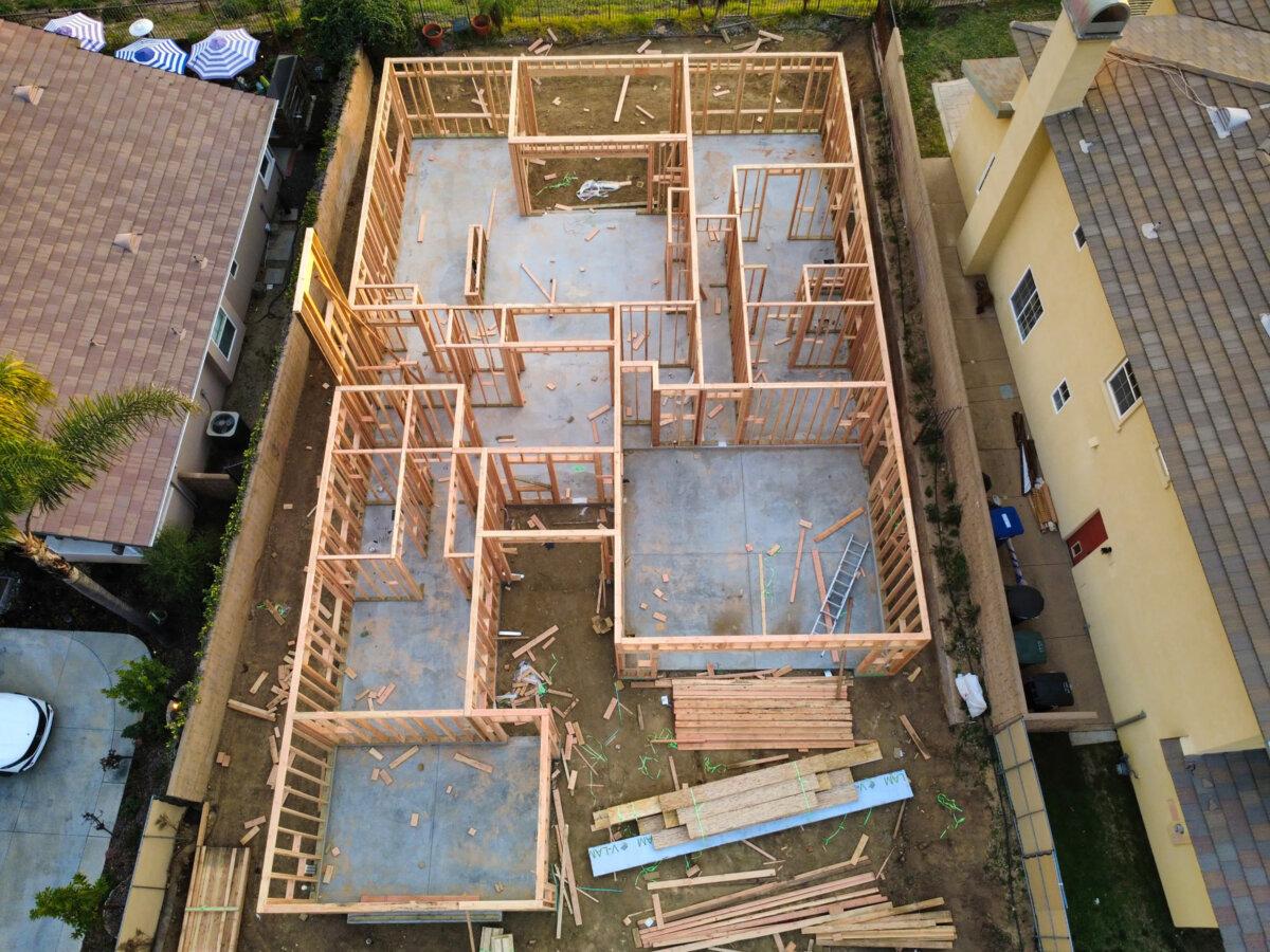 This is a new home being built in Altadena, California. The original house succumbed to the Eaton wildfire in January 2025. A video-equipped drone allows the owner to track and curate construction progress. (David Werntz/Tribune Content Agency/TNS)