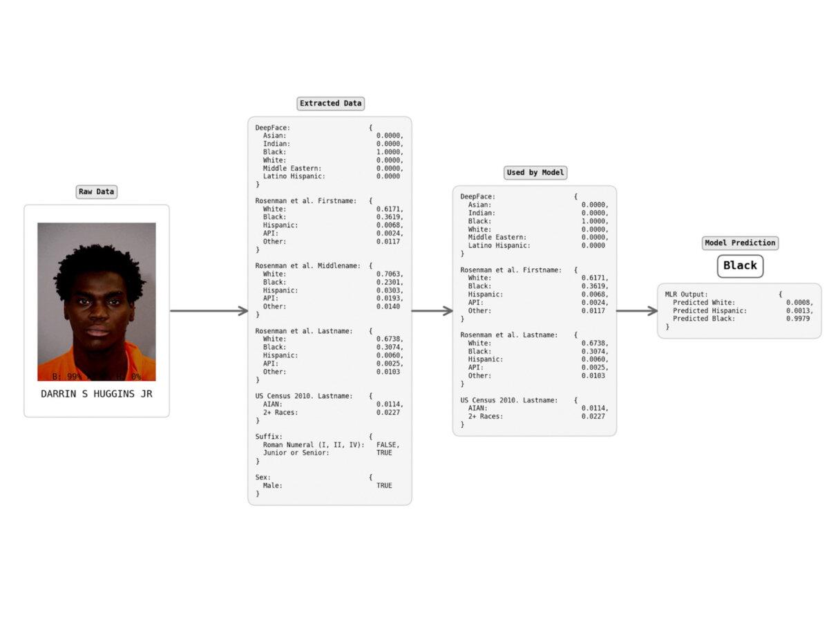 Breakdown of how the model classifies race. Features include mugshot-based racial classification from DeepFace, first name and surname racial statistics from Rosenman et al., and additional surname statistics from the U.S. Census Bureau. (Courtesy of Lewis Low)