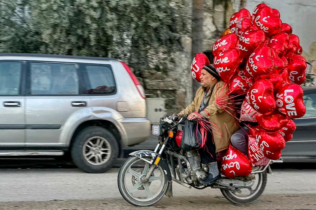 An ambulant vendor rides a motorcycle while transporting heart-shaped Valentine's balloons in Beirut on February 13, 2026. (Photo by Joseph EID / AFP via Getty Images)
