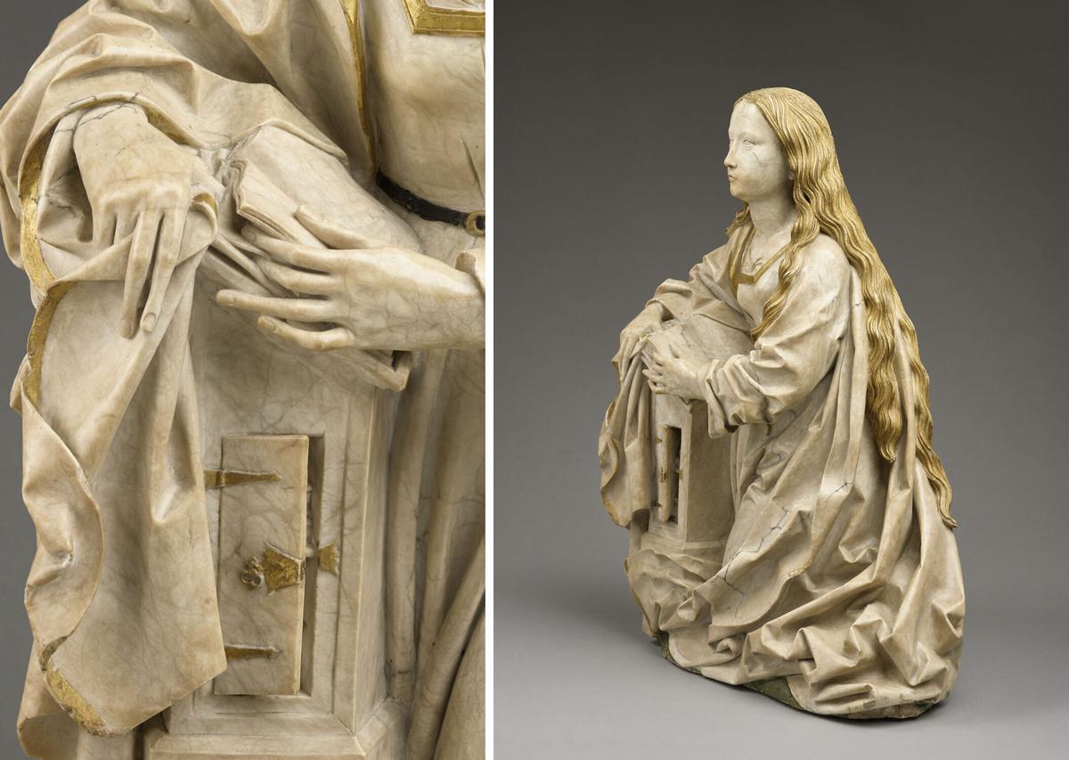 (Left) A detail of the lectern’s plinth from "The Virgin of the Annunciation," circa 1495, by Tilman Riemenschneider. (Right) A side view of the "The Virgin of the Annunciation" reveals Riemenschneider's intricately carved flowing garment and hair. Louvre Museum, Paris. (Stéphane Maréchalle/Louvre Museum)