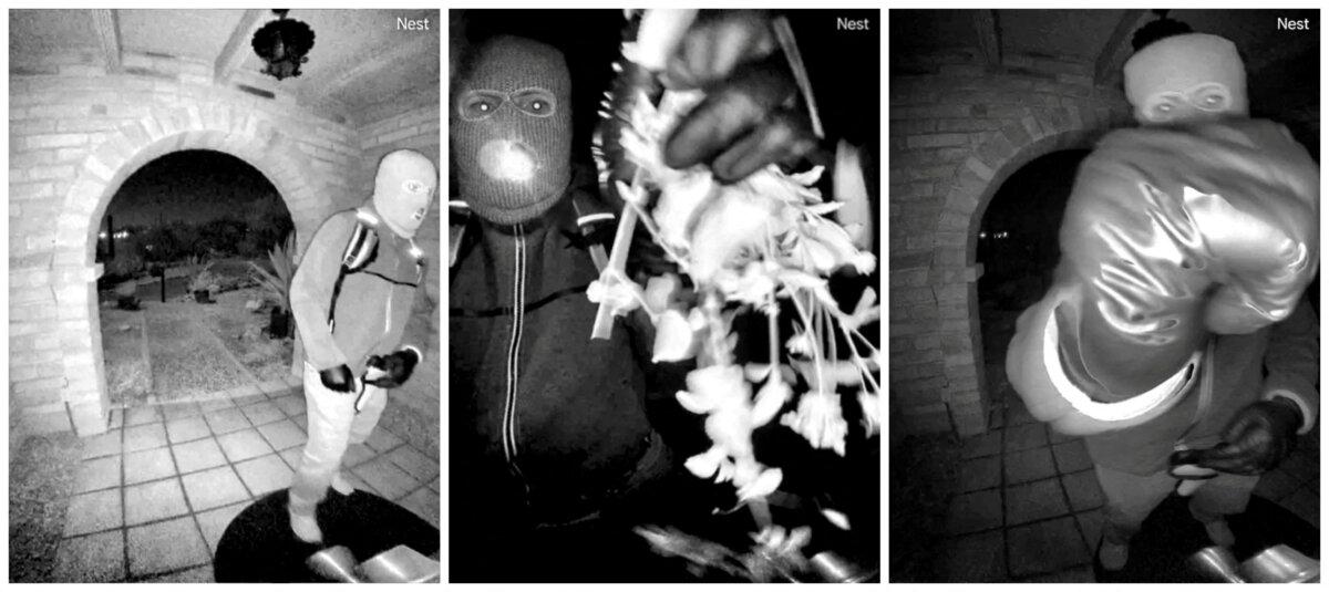 A combination of images captured by a security camera shows what the FBI describes as an armed individual appearing to tamper with the camera at Nancy Guthrie's front door the morning of her disappearance at her home in Tucson, Arizona, on Feb. 1, 2026. (Pima County Sheriff's Department/Reuters)