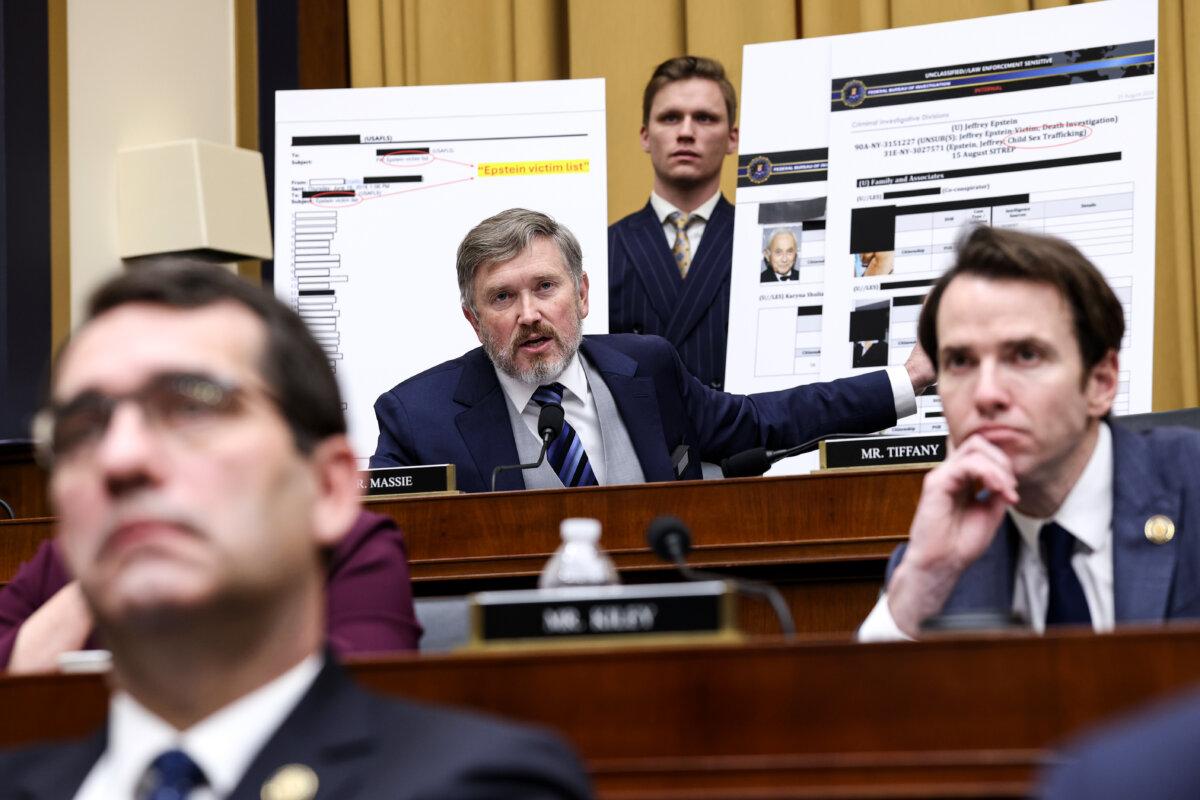 Rep. Thomas Massie (R-Ky.) (C) questions U.S. Attorney General Pam Bondi on the Epstein files before the House Judiciary Committee on Capitol Hill in Washington on Feb. 11, 2026. (Win McNamee/Getty Images)