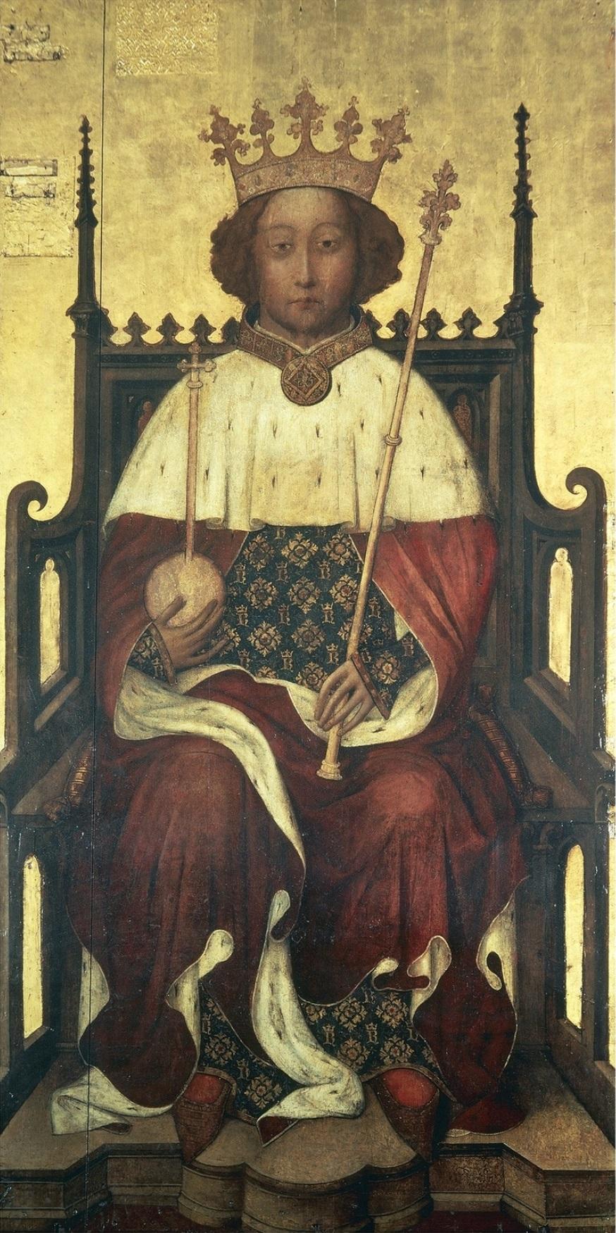 A portrait Richard II of England, circa 1390s, by unknown artist (possibly André Beauneveu). Oil on panel. Westminster Abbey , London. (Public Domain)