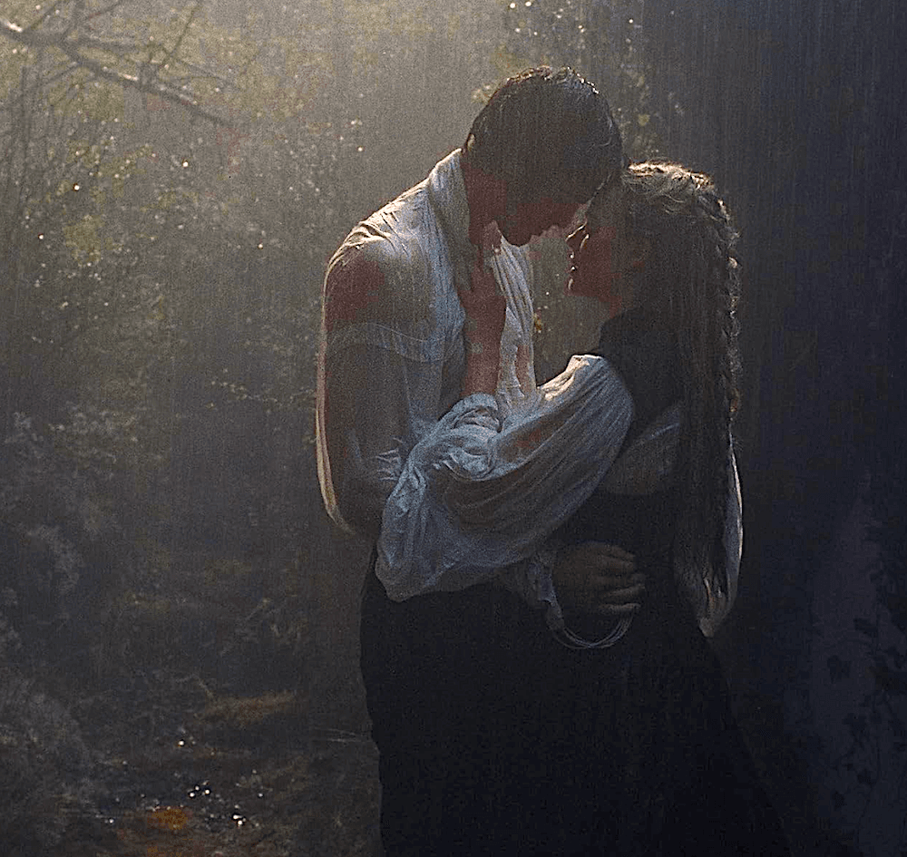 Heathcliff (Jacob Elordi) and Cathy (Margot Robbie) contemplate forbidden love, in "Wuthering Heights." (Warner Bros. Pictures)