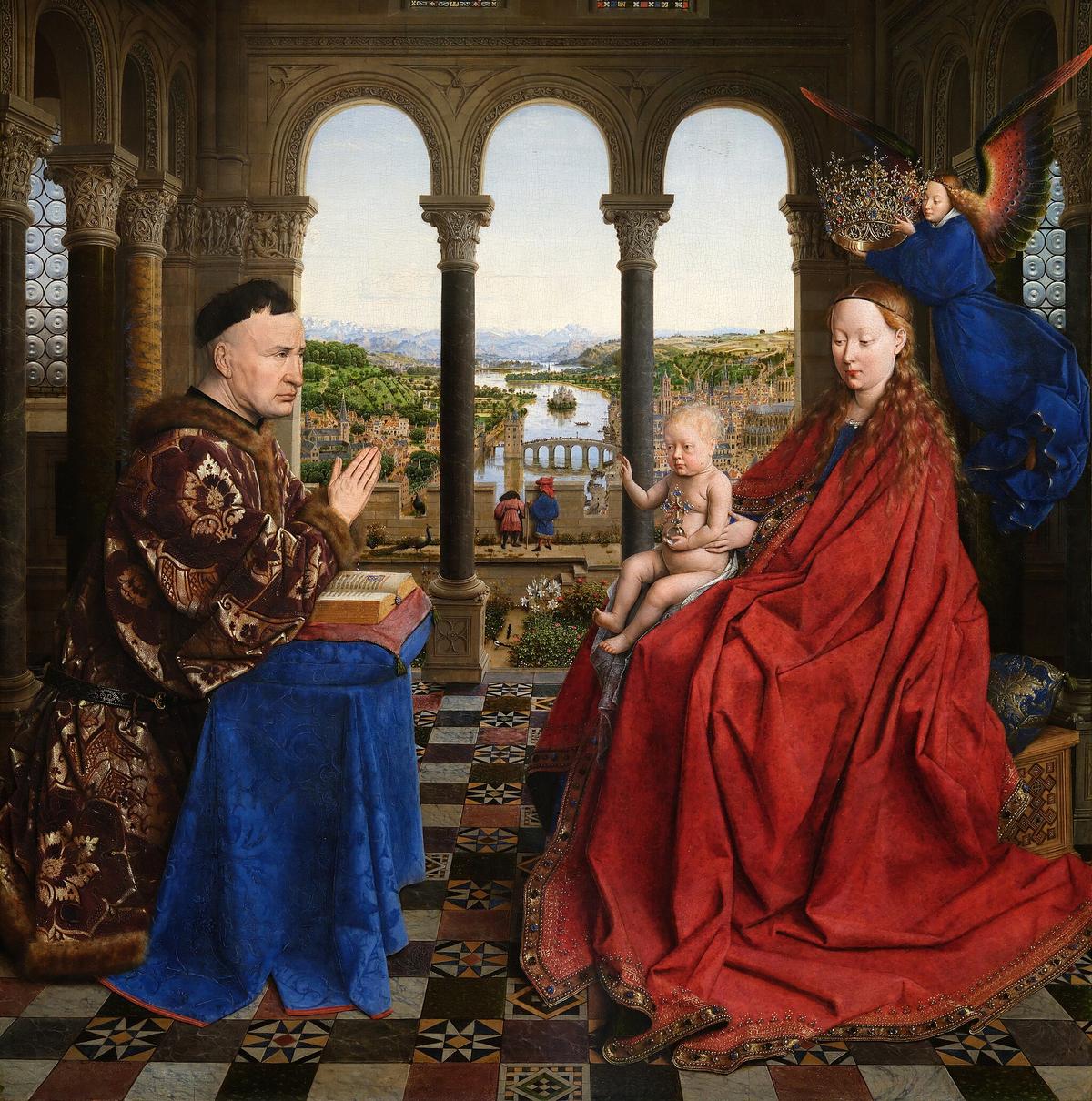 《羅林大臣的聖母》(Madonna of Chancellor Rolin),約1450年,揚‧凡‧艾克(Jan van Eyck)創作;木板油畫,尺寸約66 X 62公分,收藏於巴黎羅浮宮。(公有領域)