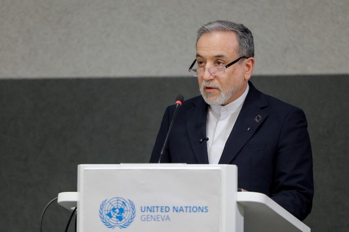 Iranian Foreign Minister Abbas Araghchi delivers a speech during a session of the United Nations Conference on Disarmament, on the sidelines of a second round of U.S.-Iranian talks, in Geneva, Switzerland, on Feb. 17, 2026. (Valentin Flauraud/AFP via Getty Images)