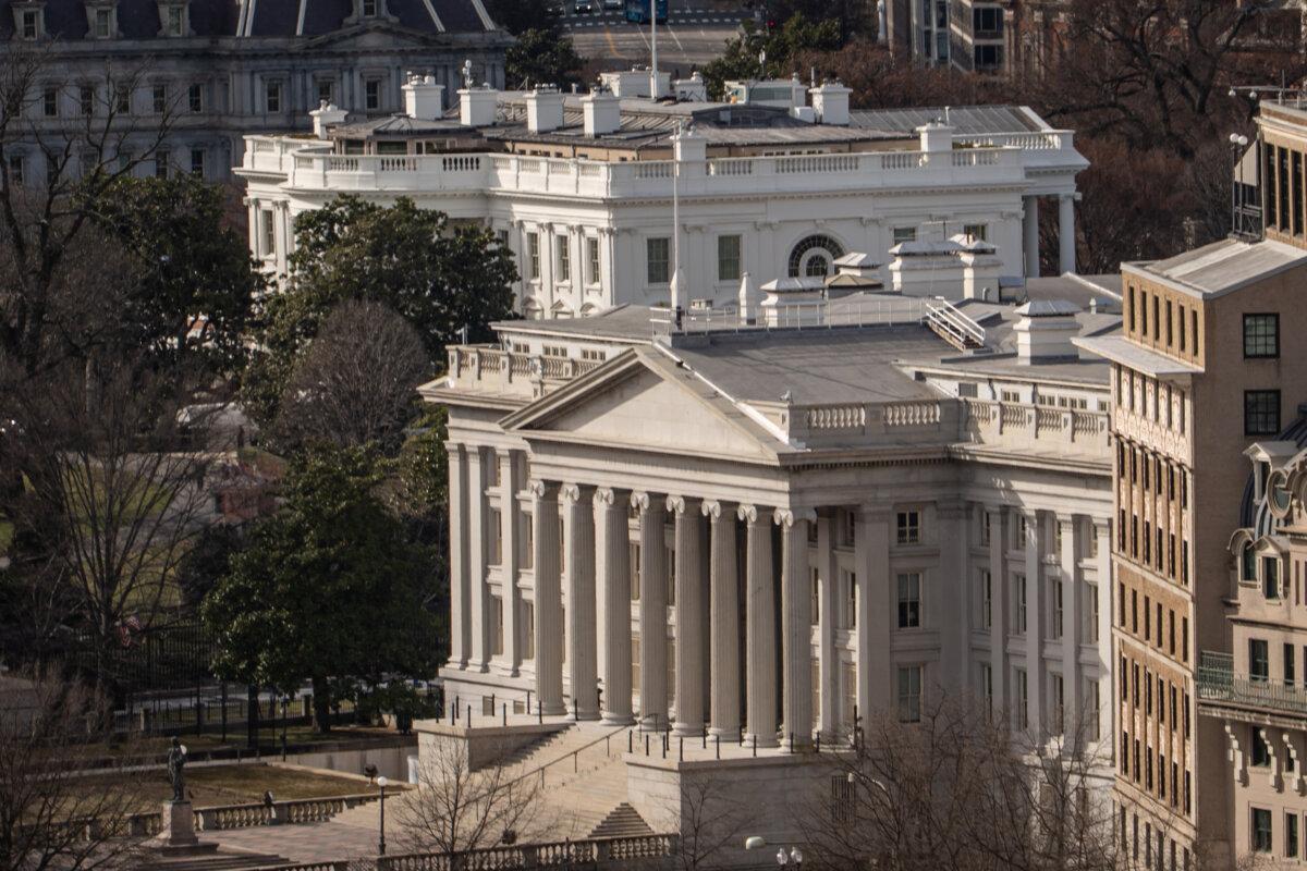 The White House and the U.S. Department of the Treasury in Washington on March 10, 2025. (Madalina Vasiliu/The Epoch Times)