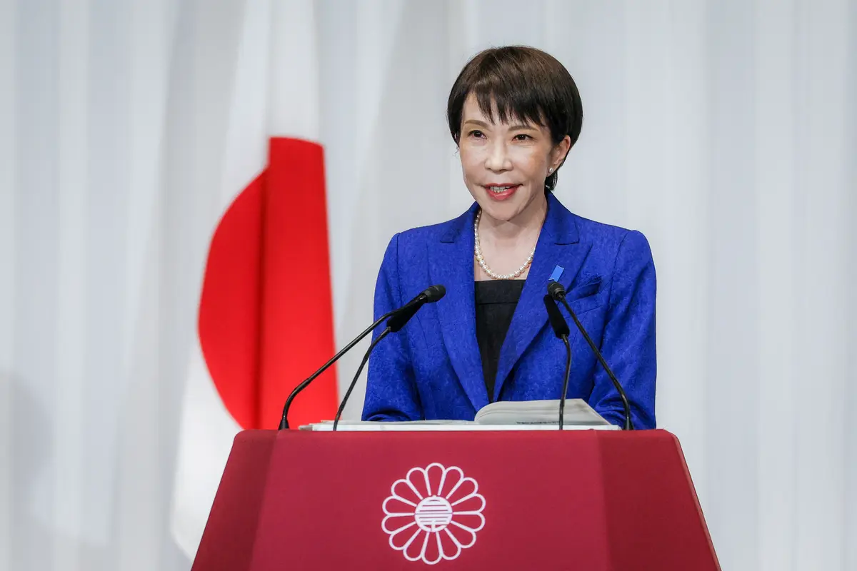 Japanese Prime Minister Sanae Takaichi, leader of the ruling Liberal Democratic Party (LDP), speaks during a press conference at the LDP headquarters in Tokyo on Feb. 9, 2026. (Franck Robichon/AFP via Getty Images)