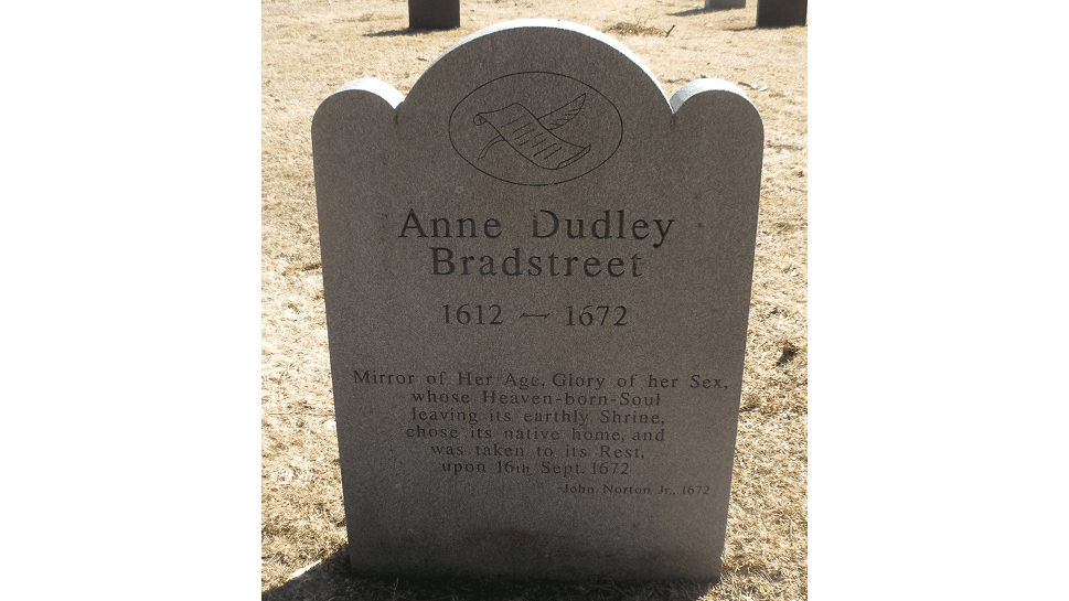 Memorial marker for Anne Bradstreet in the Old North Parish Burial Ground, North Andover, Mass. (<a href="https://commons.wikimedia.org/w/index.php?title=User:Sarnold17&action=edit&redlink=1">Sarnold17</a>/<a href="https://creativecommons.org/licenses/by-sa/3.0">CC BY-SA 3.0</a>)