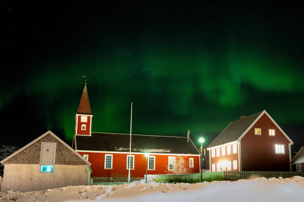 Northern lights (Aurora Borealis) glow above the Church of Our Saviour in Nuuk, Greenland, on Feb. 21, 2026. (Bo Amstrup / Ritzau Scanpix / AFP via Getty Images)