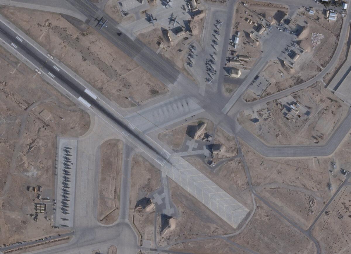 Satellite image shows F-15E, A-10 Thunderbolt, and C-130 Hercules at the Muwaffaq Salti Air Base, in Al Azraq, Jordan, February 2, 2026. (PLANET LABS PBC/Handout via Reuters)