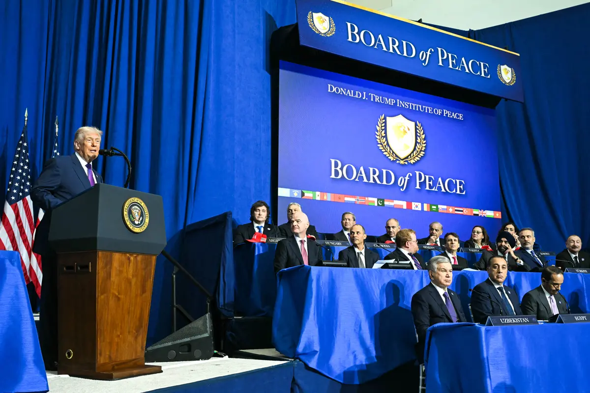 President Donald Trump delivers remarks during the inaugural meeting of the "Board of Peace" at the US Institute of Peace in Washington on Feb. 19, 2026. (Saul Loeb/AFP via Getty Images)
